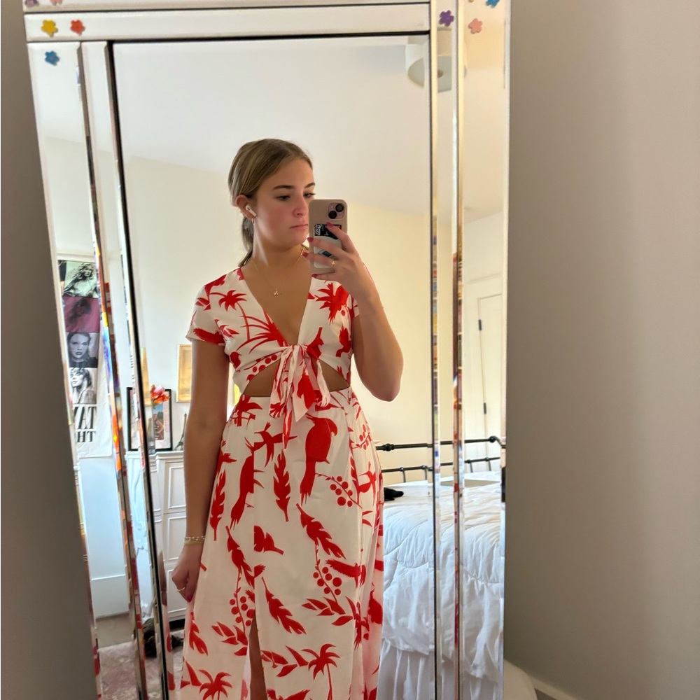 Red and White Floral Cut-Out Dress